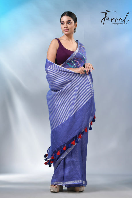 Blue with silver zari border pure linen hand embroidery saree
