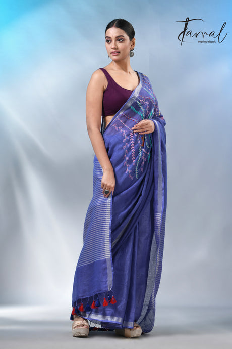 Blue with silver zari border pure linen hand embroidery saree