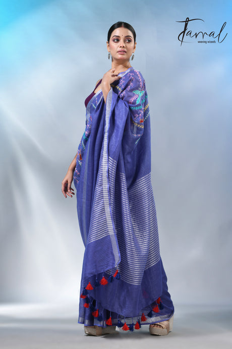 Blue with silver zari border pure linen hand embroidery saree