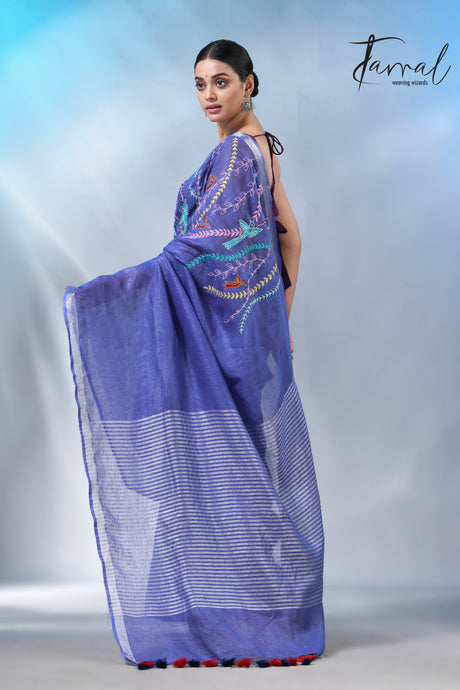 Blue with silver zari border pure linen hand embroidery saree