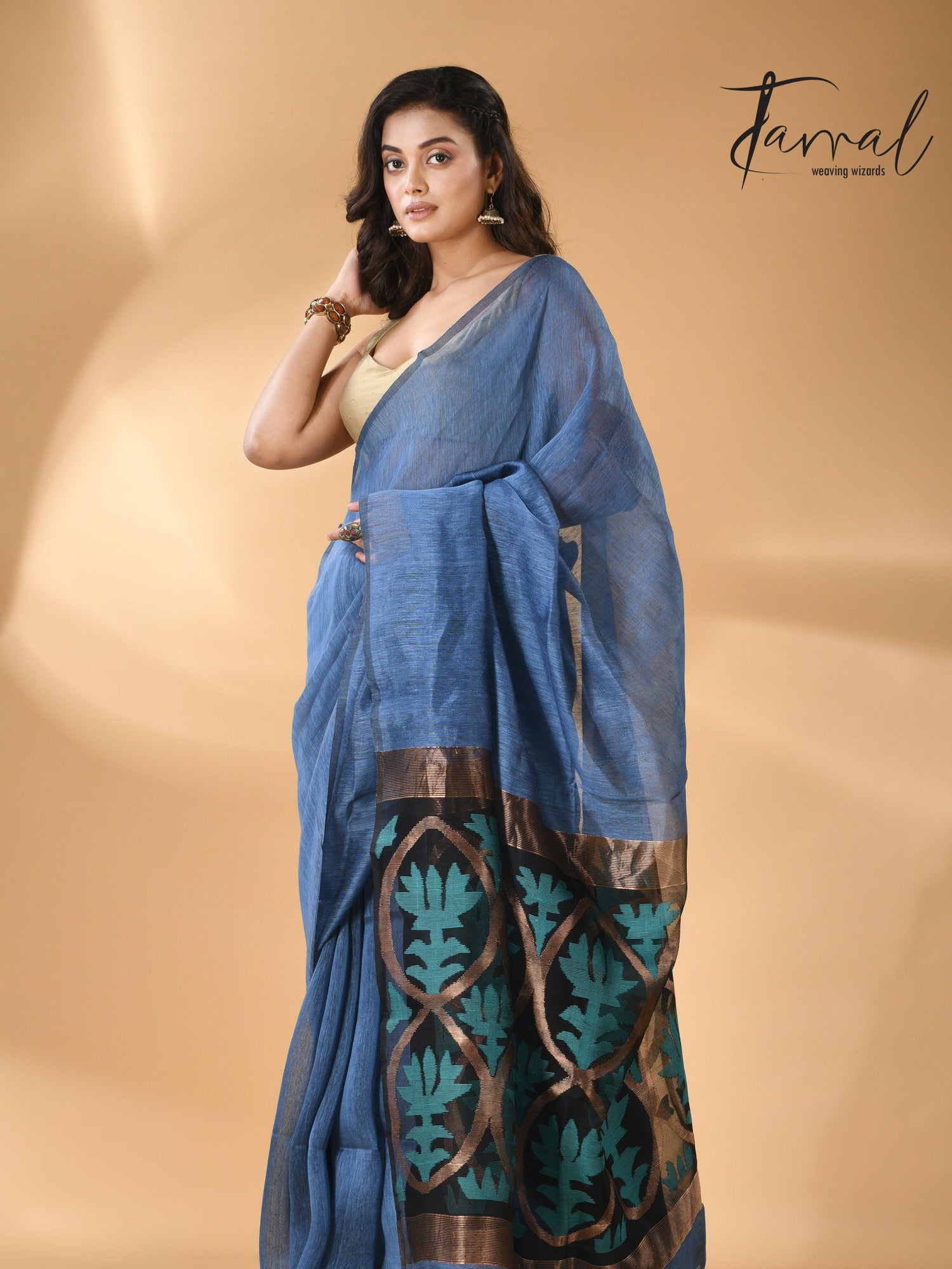 Blue lotus pallu silk linen handwoven jamdani saree full