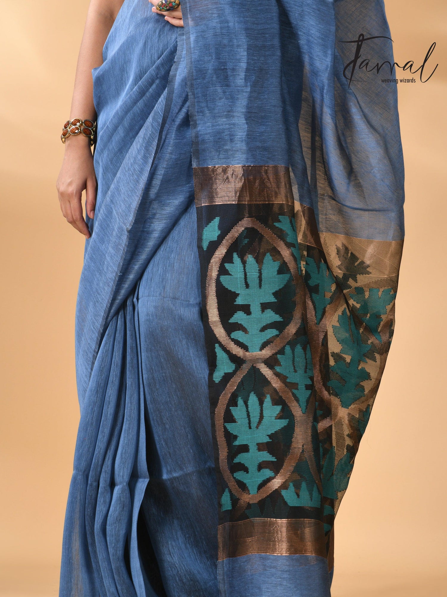 Blue lotus pallu silk linen handwoven jamdani saree bottom
