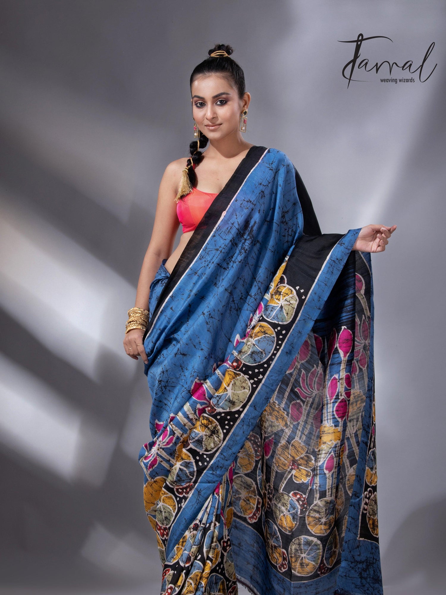 Blue with the multicolour lotus handcrafted batik silk saree