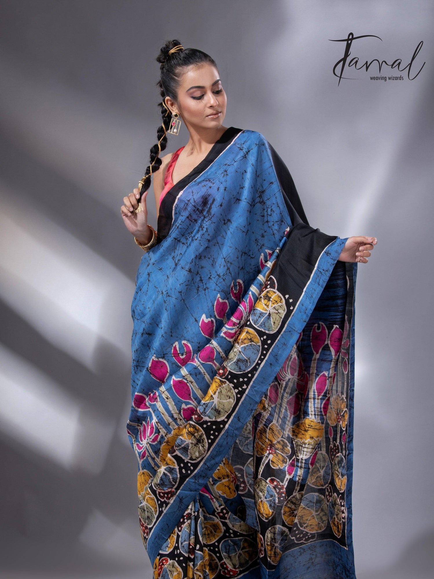 Blue with the multicolour lotus handcrafted batik silk saree