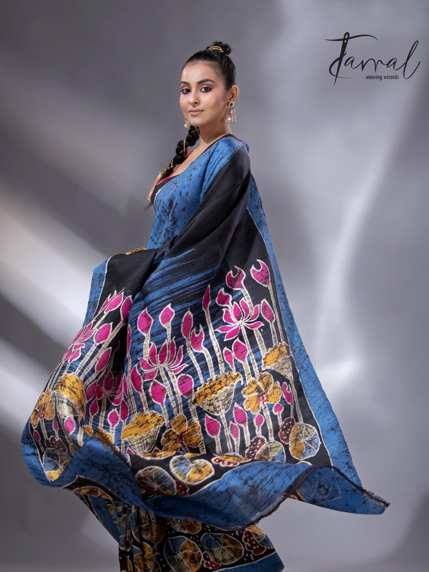 Blue with the multicolour lotus handcrafted batik silk saree