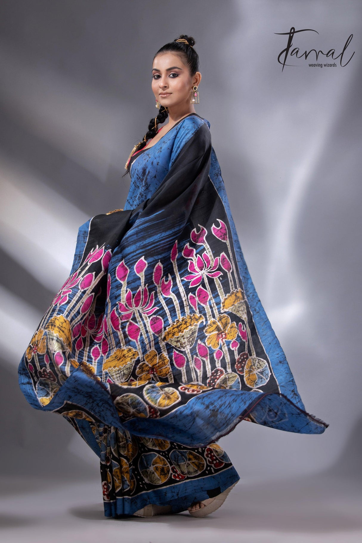 Blue with the multicolour lotus handcrafted batik silk saree