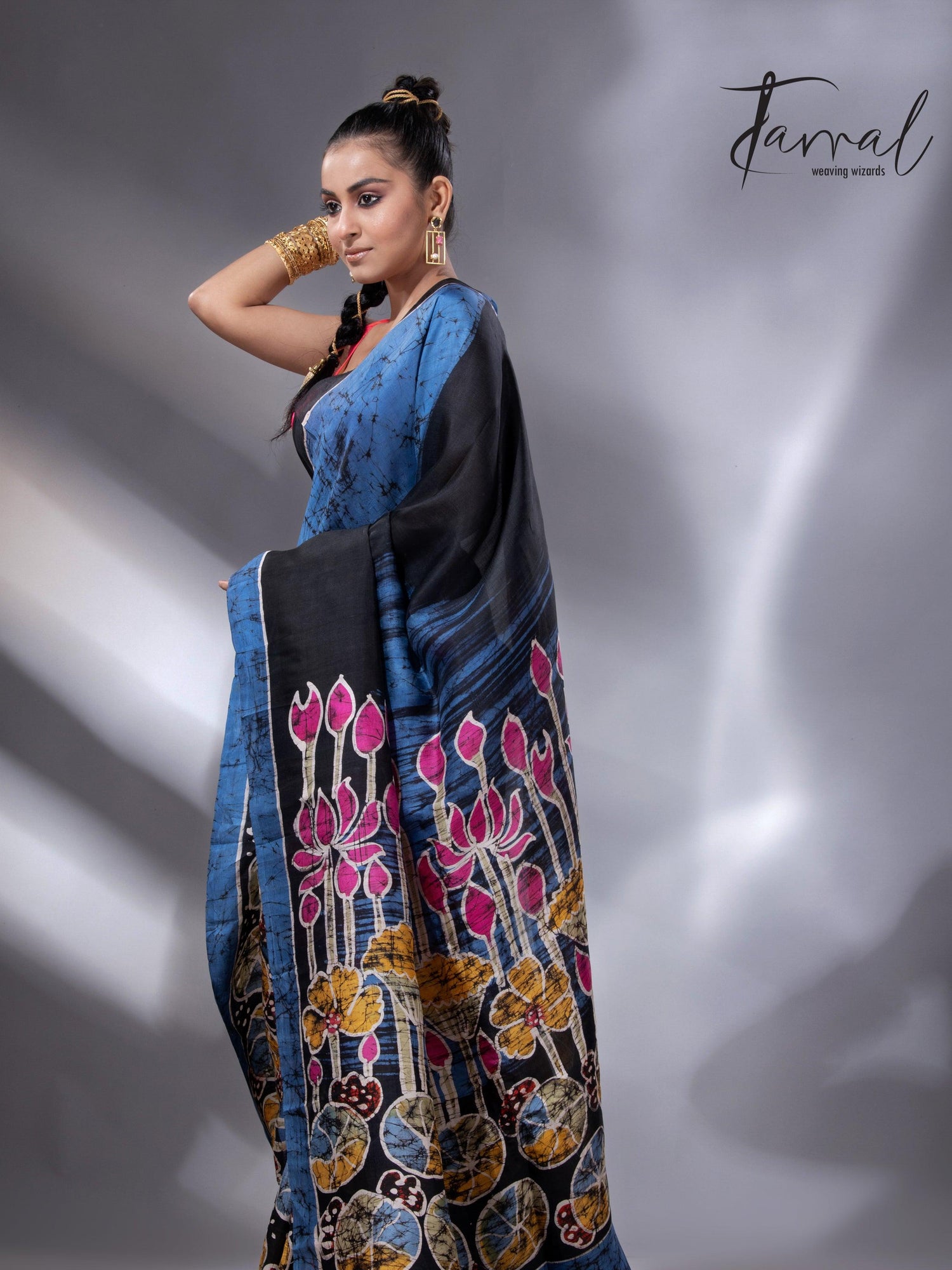 Blue with the multicolour lotus handcrafted batik silk saree