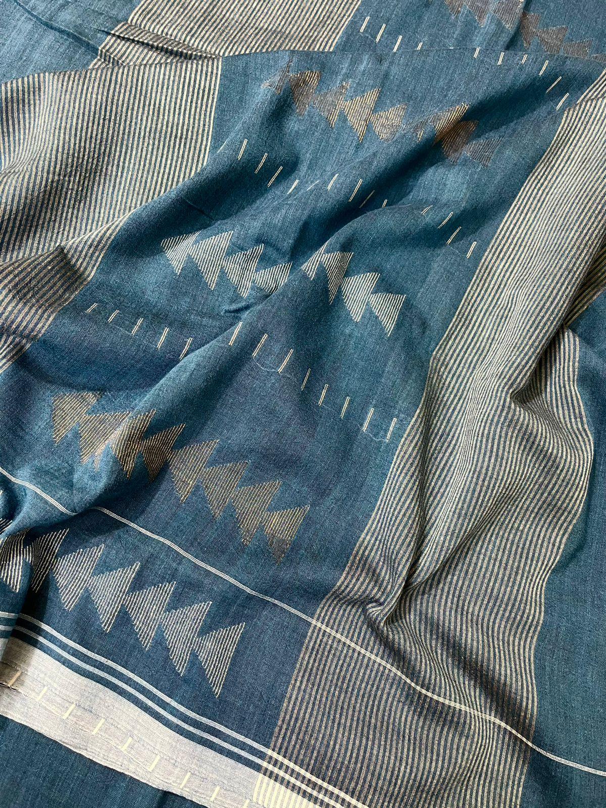 Blue with white border pure cotton handwoven jamdani sarees 