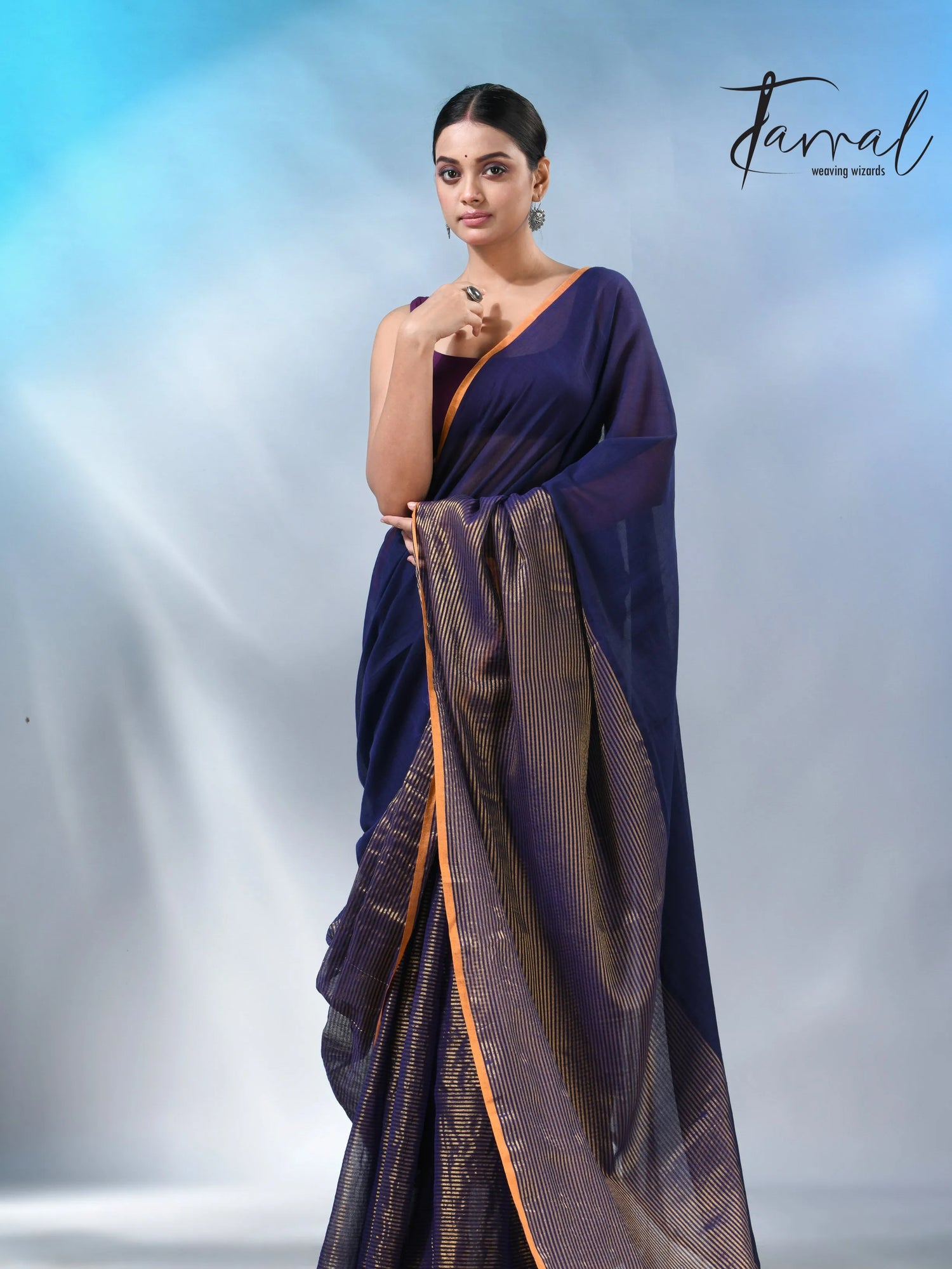 Blue with yellow color border cheack mul cotton handloom saree