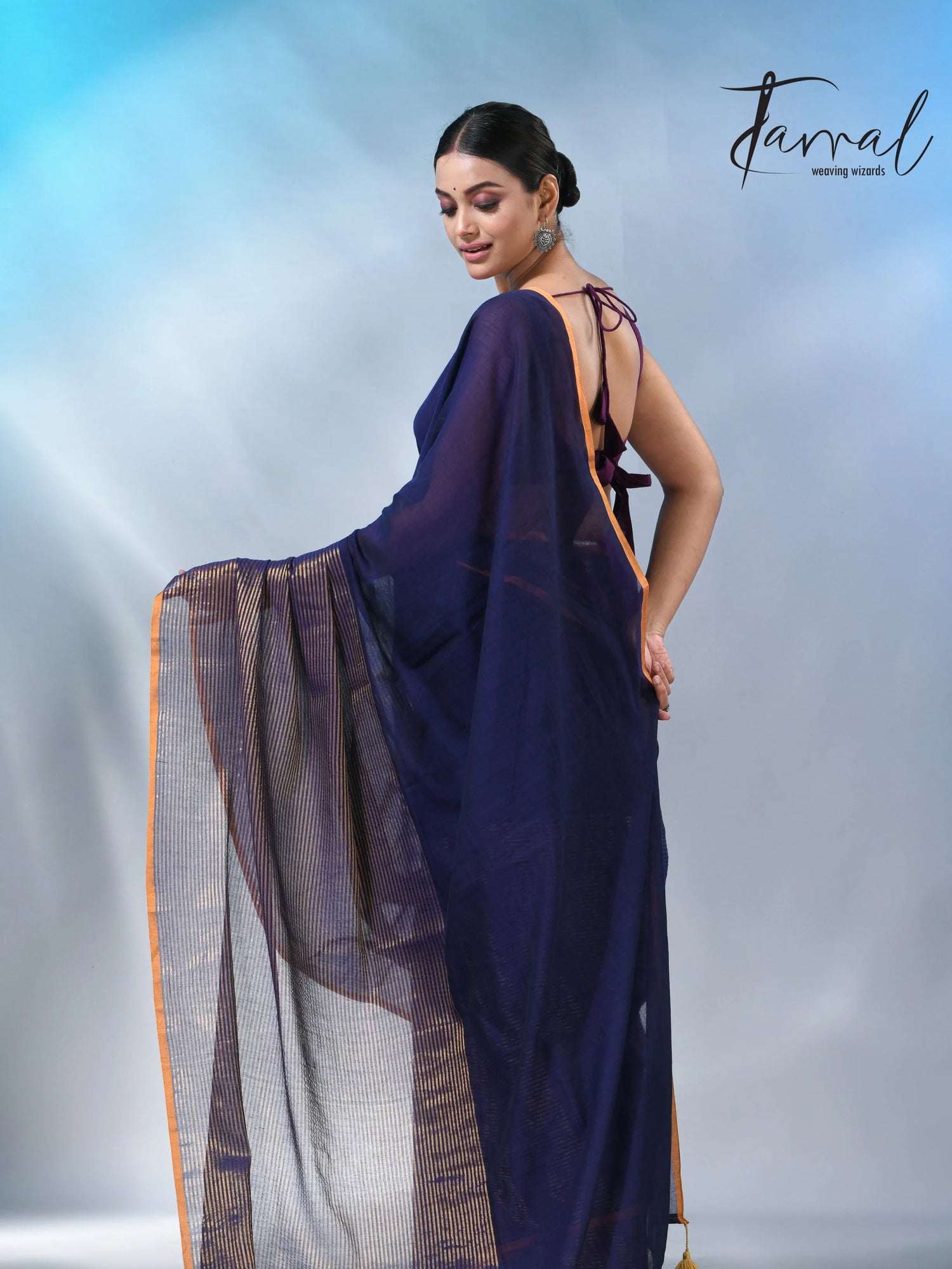 Blue with yellow color border cheack mul cotton handloom saree