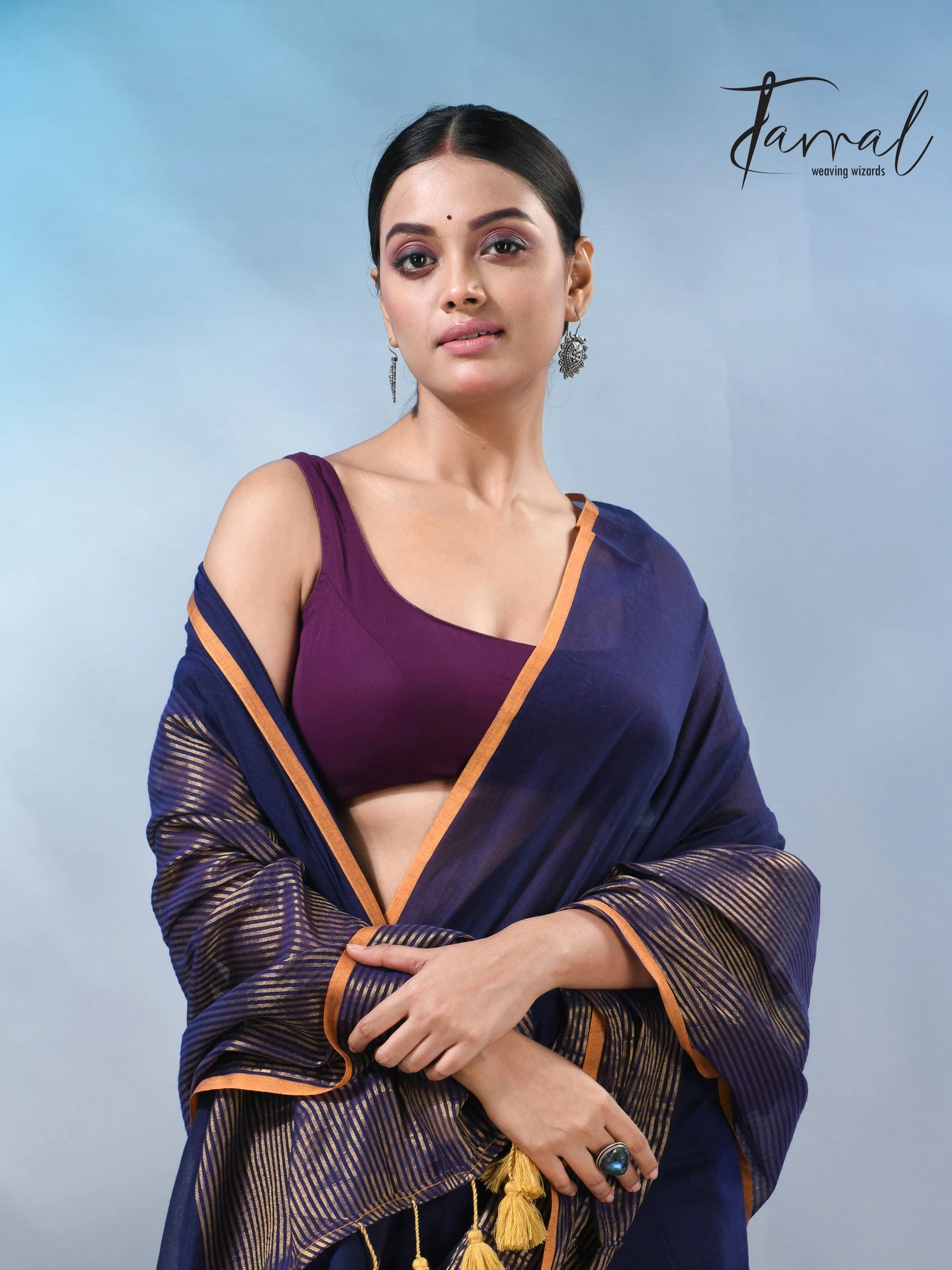 Blue with yellow color border cheack mul cotton handloom saree