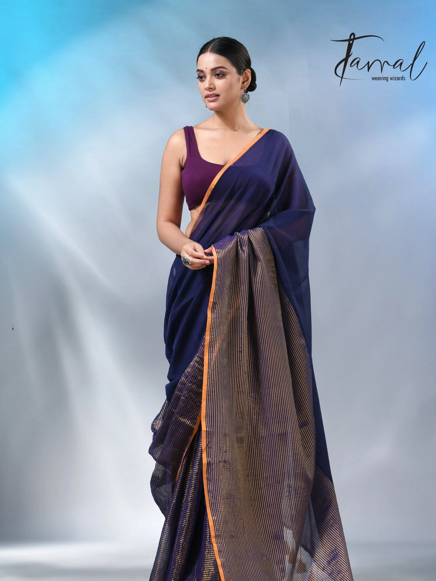 Blue with yellow color border cheack mul cotton handloom saree