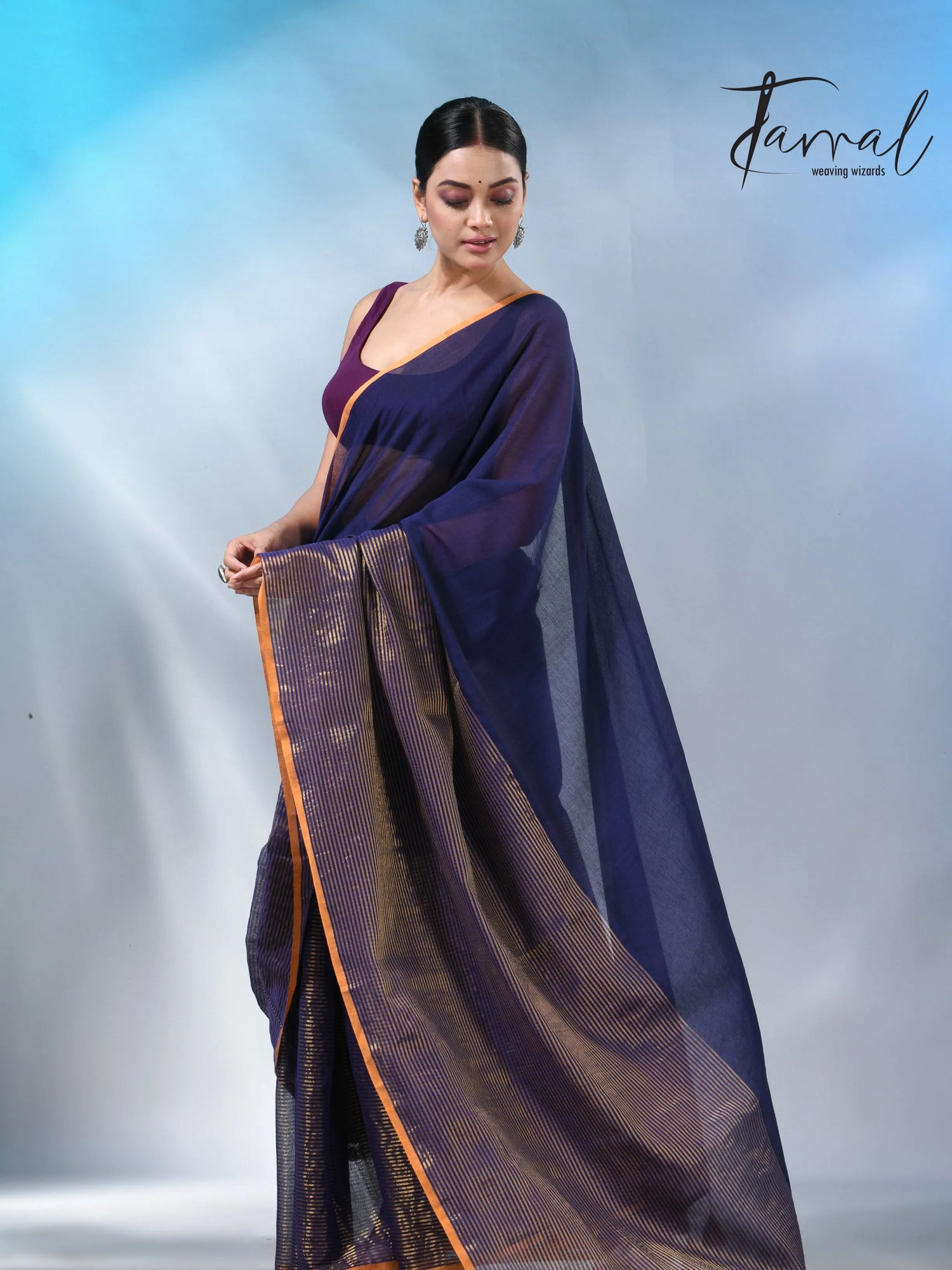 Blue with yellow color border cheack mul cotton handloom saree