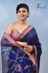 Blue with zari border bangalore silk handwoven jamdani sarees