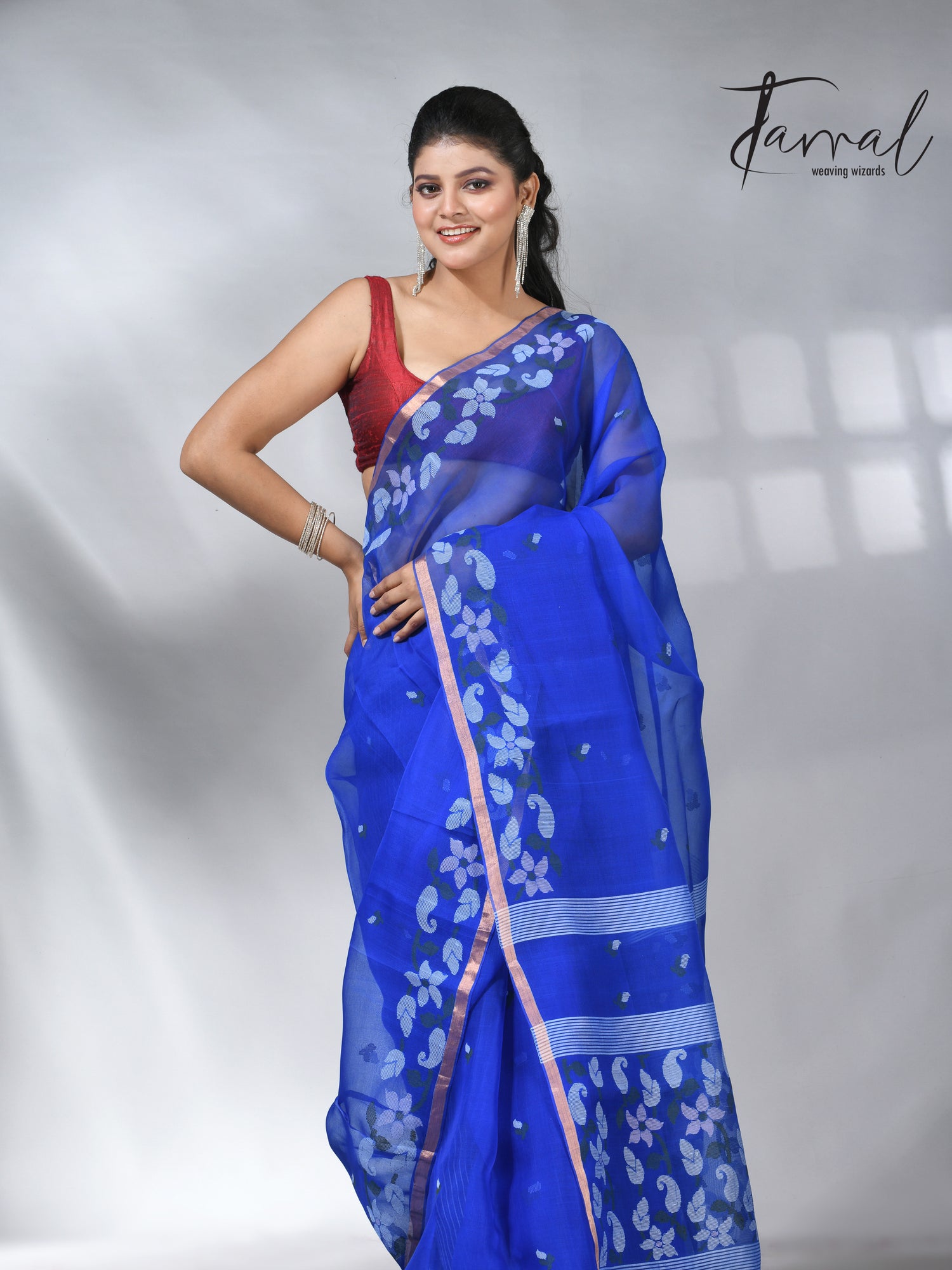  Blue with zari border muslin silk handwoven jamdani saree