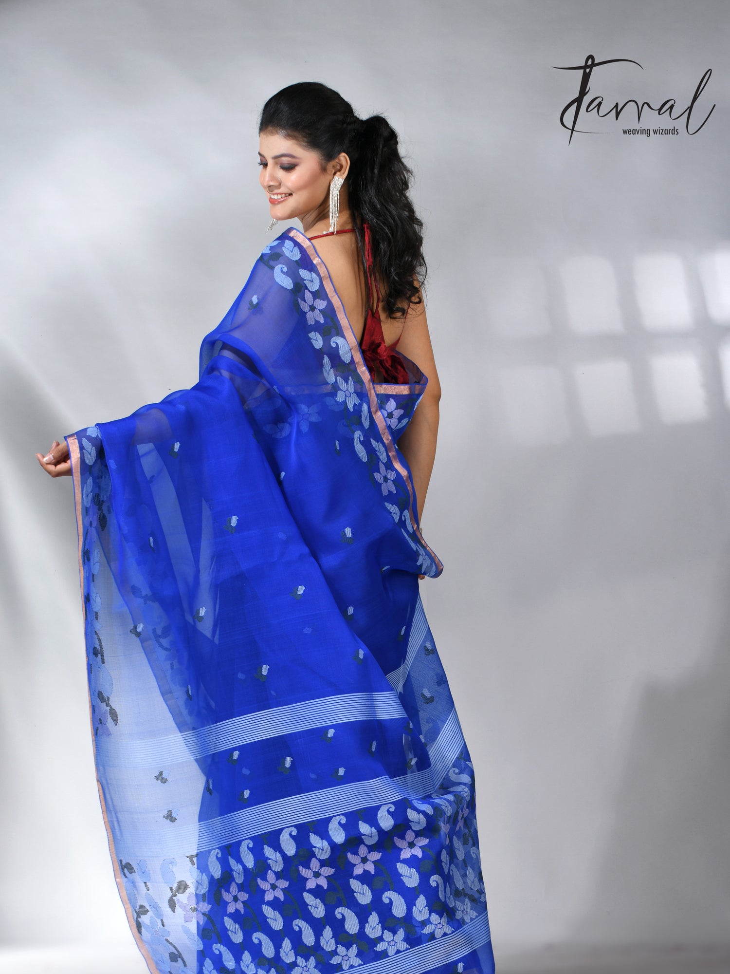  Blue with zari border muslin silk handwoven jamdani saree