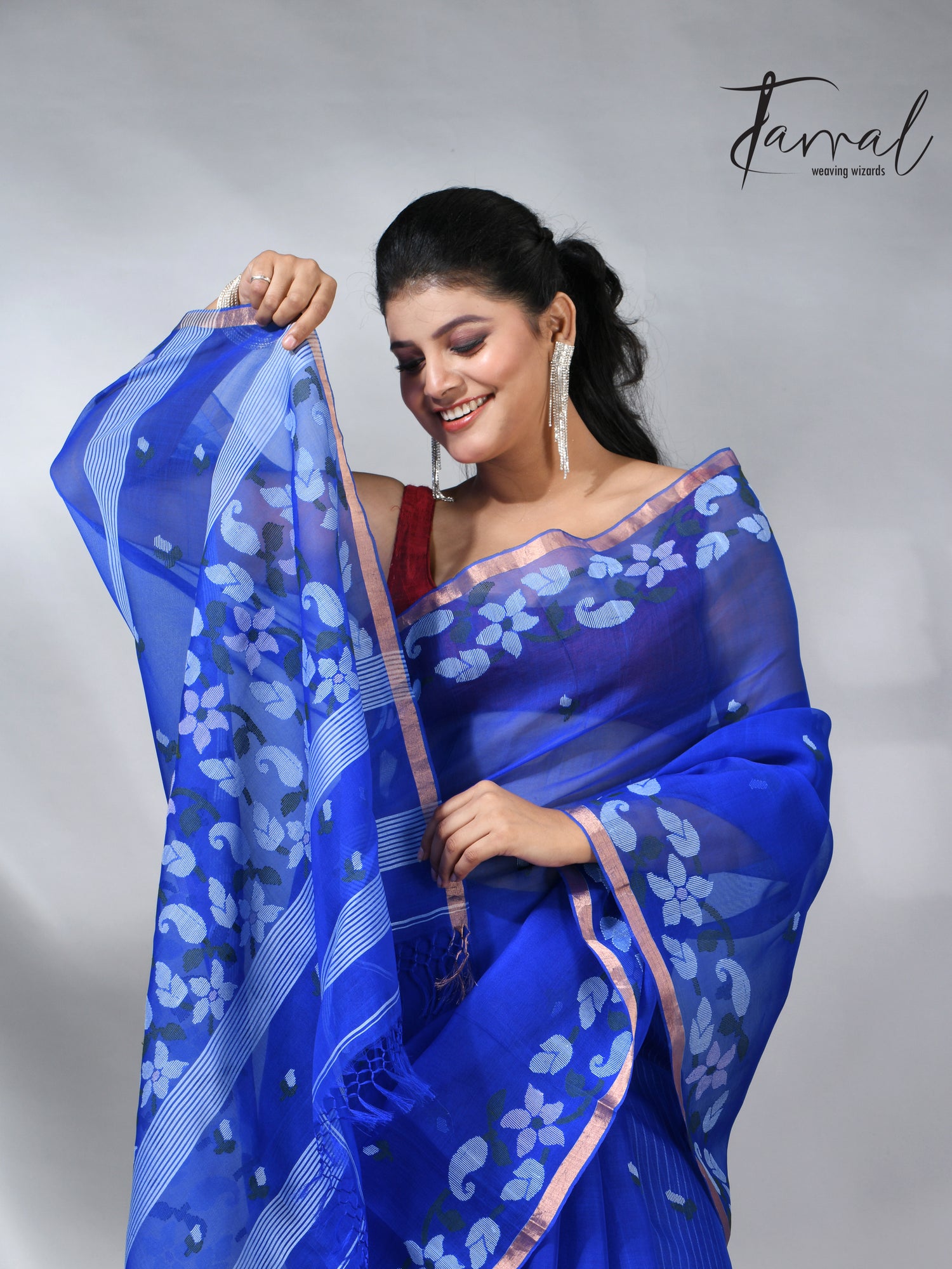  Blue with zari border muslin silk handwoven jamdani saree