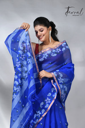  Blue with zari border muslin silk handwoven jamdani saree