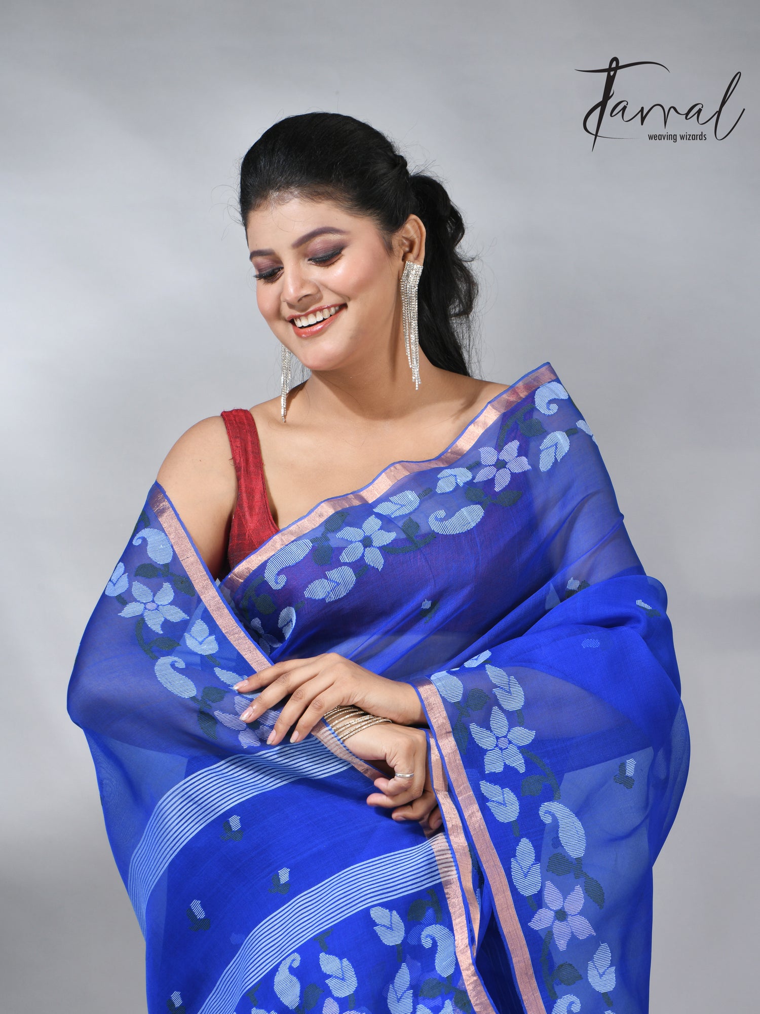  Blue with zari border muslin silk handwoven jamdani saree