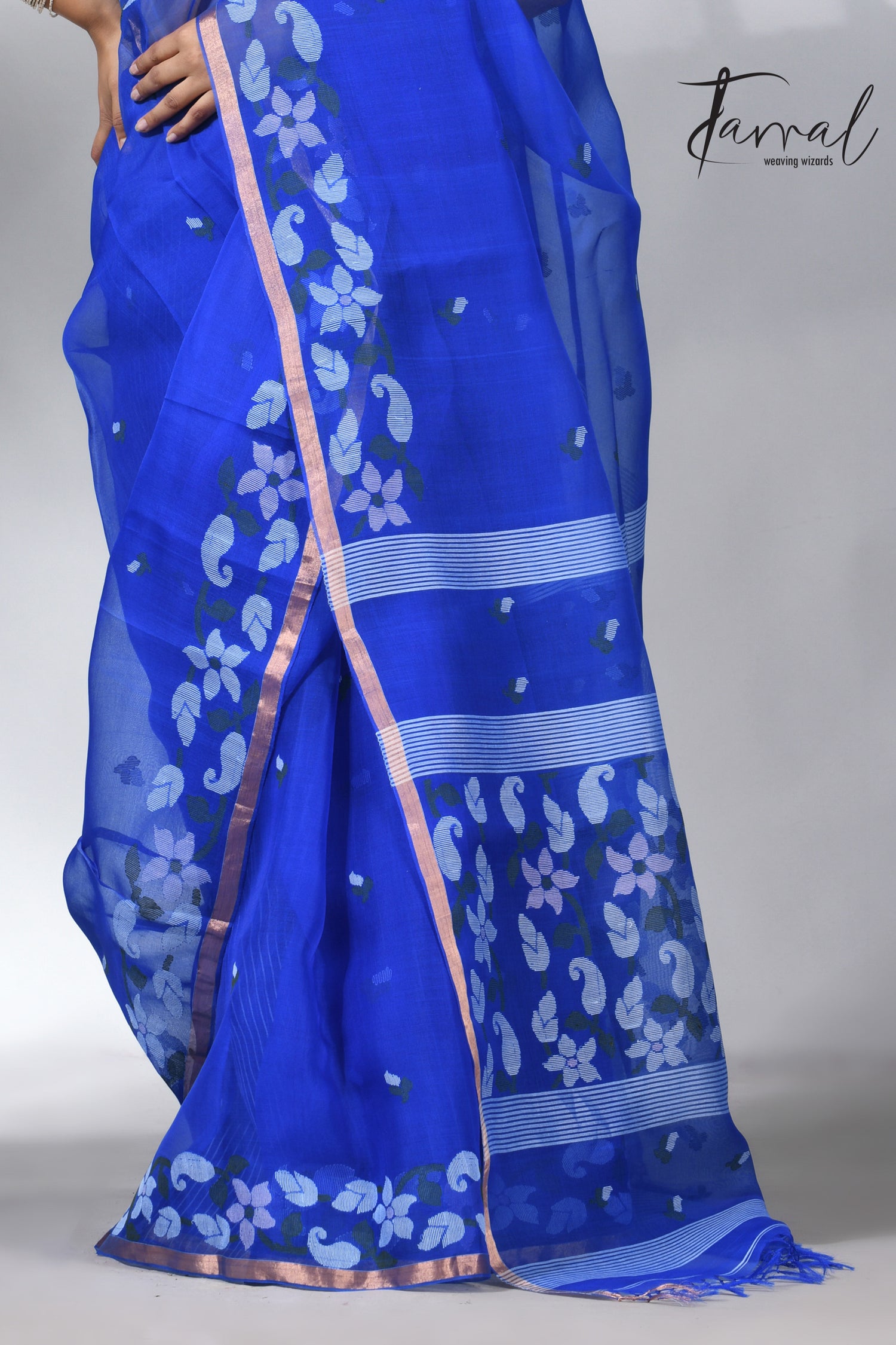  Blue with zari border muslin silk handwoven jamdani saree