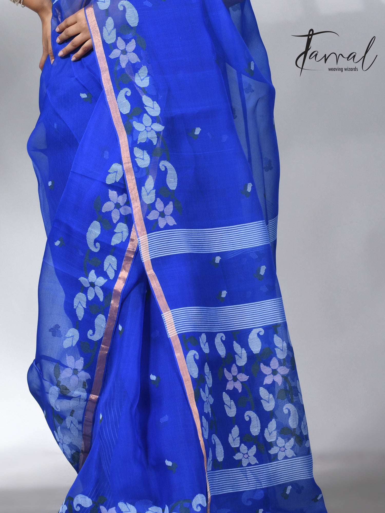  Blue with zari border muslin silk handwoven jamdani saree
