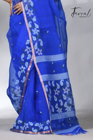  Blue with zari border muslin silk handwoven jamdani saree