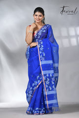  Blue with zari border muslin silk handwoven jamdani saree