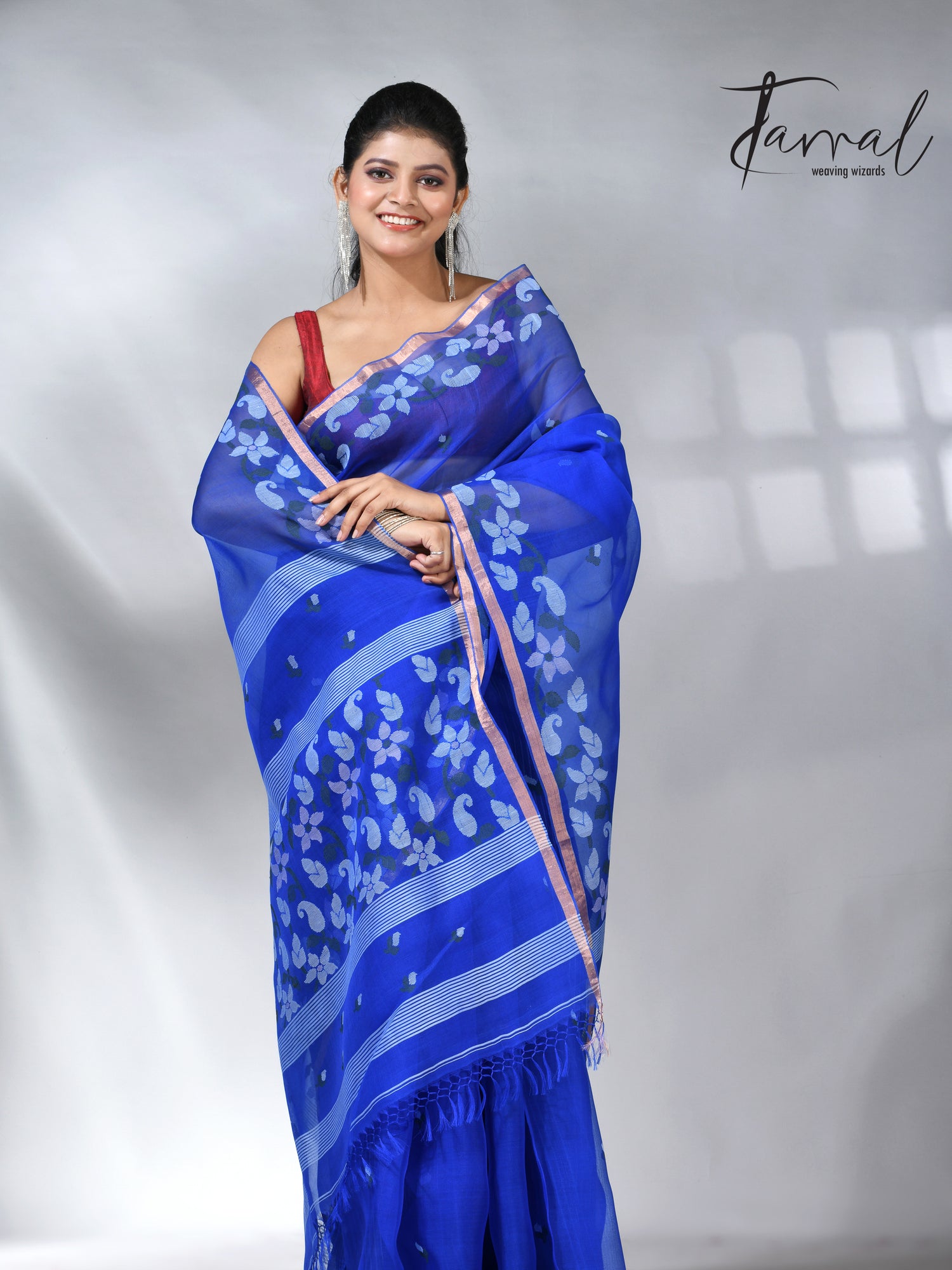  Blue with zari border muslin silk handwoven jamdani saree