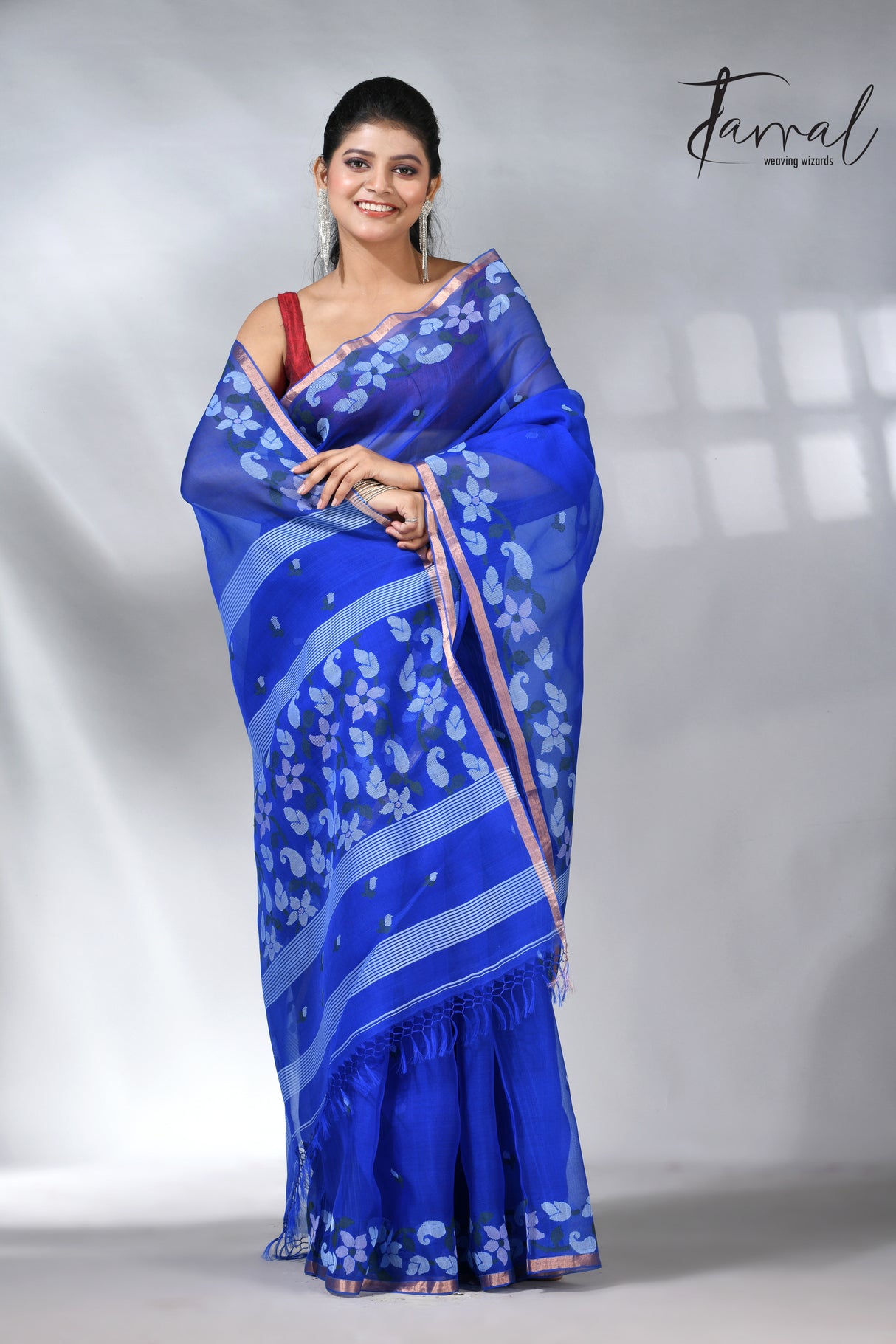  Blue with zari border muslin silk handwoven jamdani saree