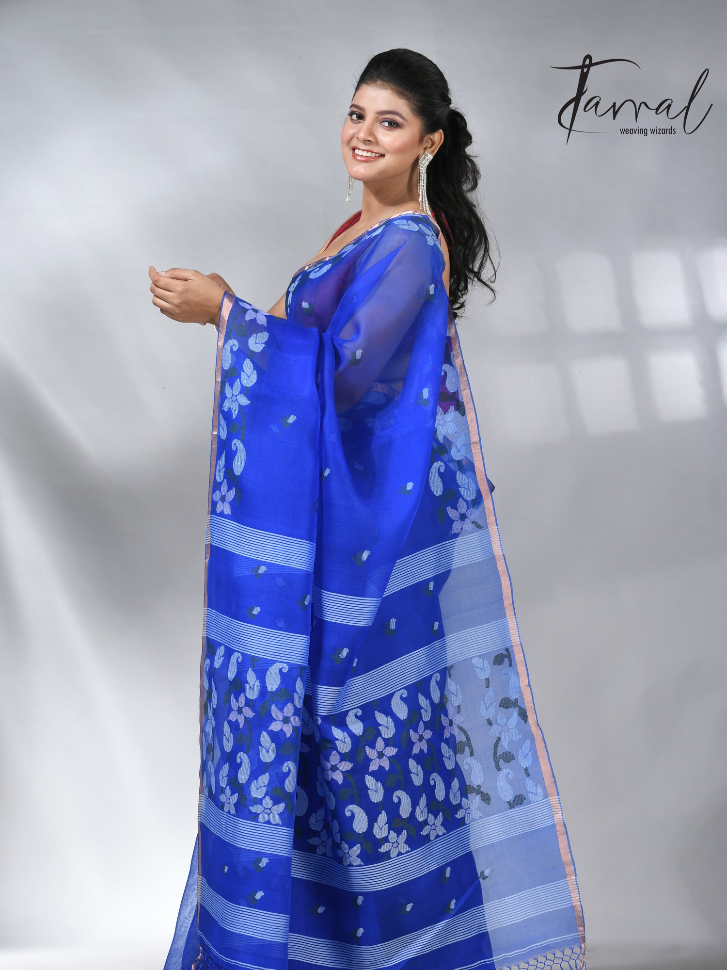  Blue with zari border muslin silk handwoven jamdani saree