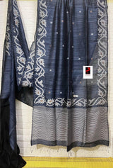 Blueish black alpona motifs handwoven jamdani saree in matka silk - Tamal Boutique
