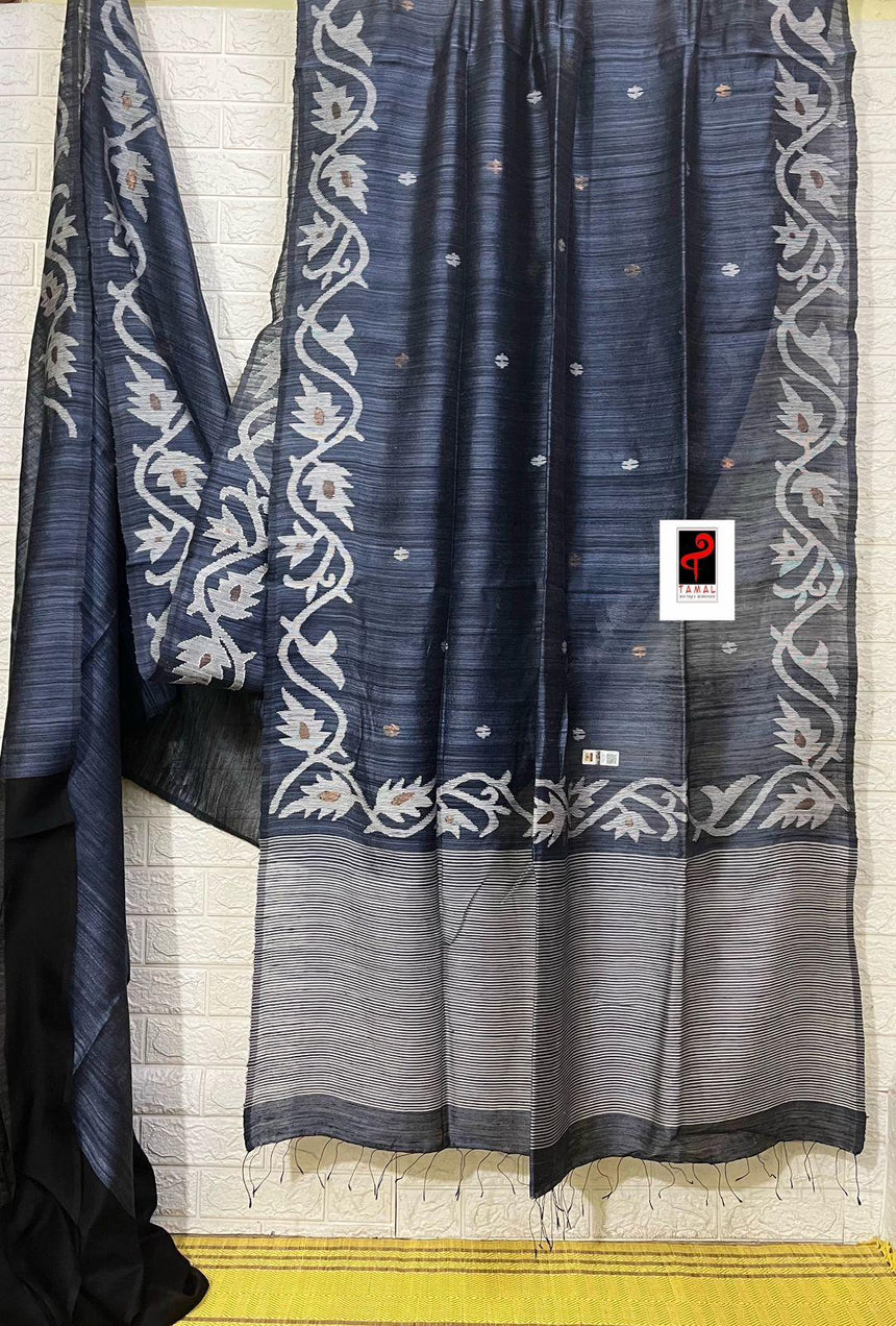 Blueish black alpona motifs handwoven jamdani saree in matka silk - Tamal Boutique