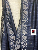 Blueish black alpona motifs handwoven jamdani saree in matka silk - Tamal Boutique