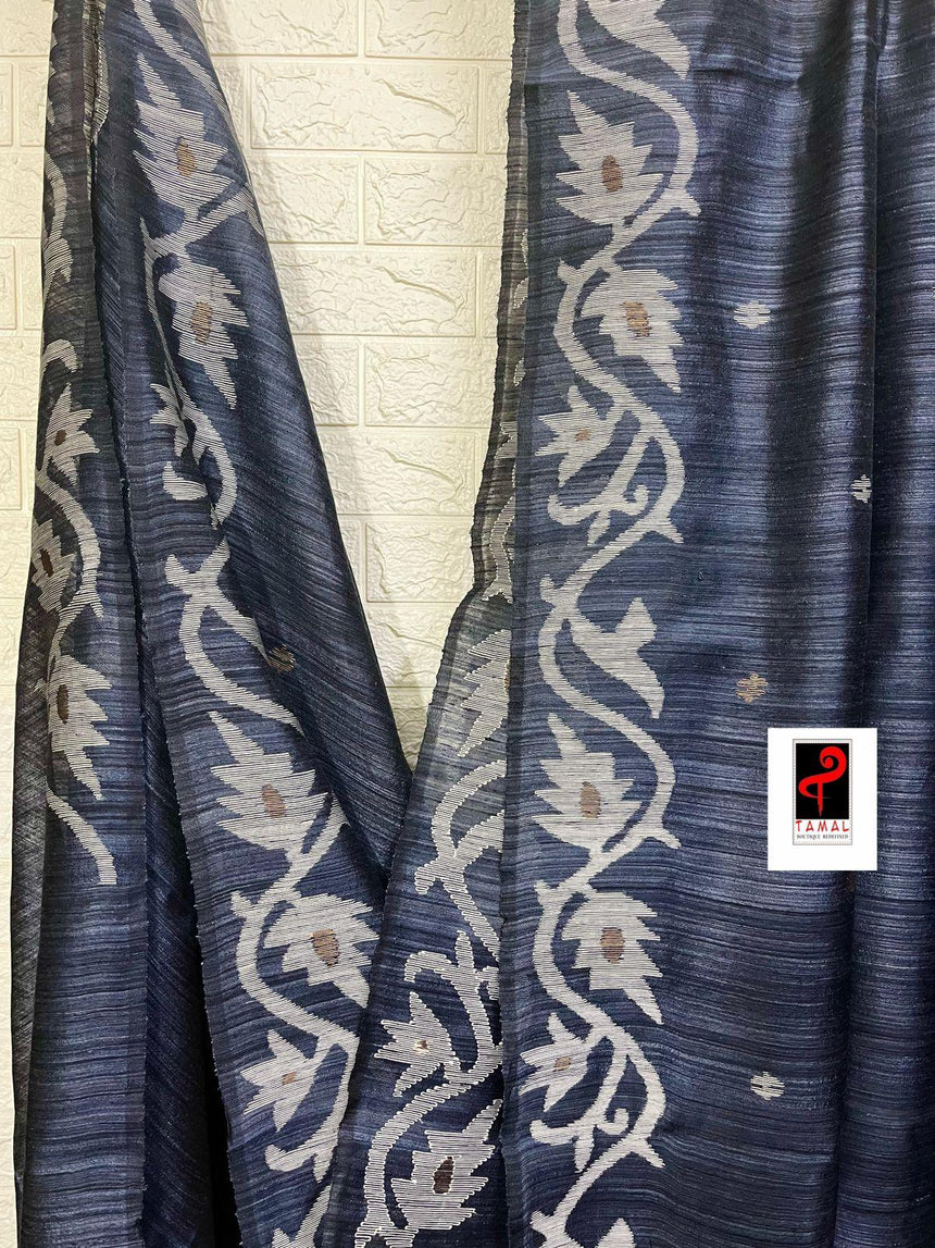 Blueish black alpona motifs handwoven jamdani saree in matka silk - Tamal Boutique