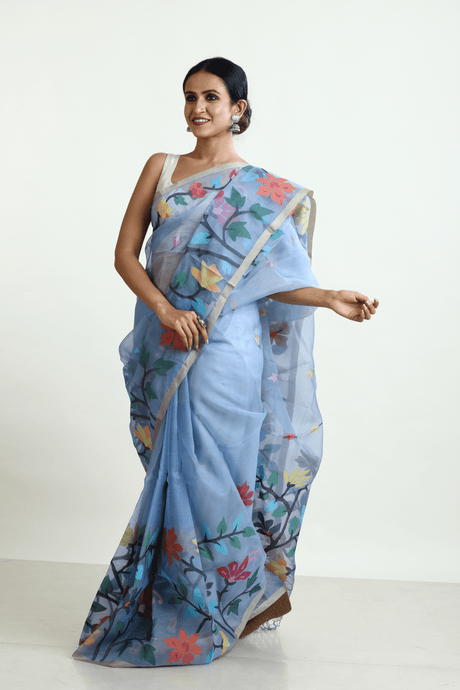 Blueish grey with multicolour allover floral border muslin silk handwoven jamdani saree - Tamal Boutique