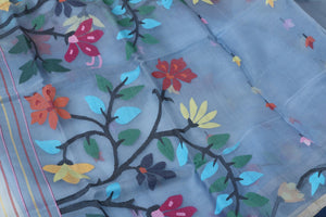 Blueish grey, jamdani saree, muslin silk,
handwoven, handwoven jamdani saree, floral border, clothing, boutique
