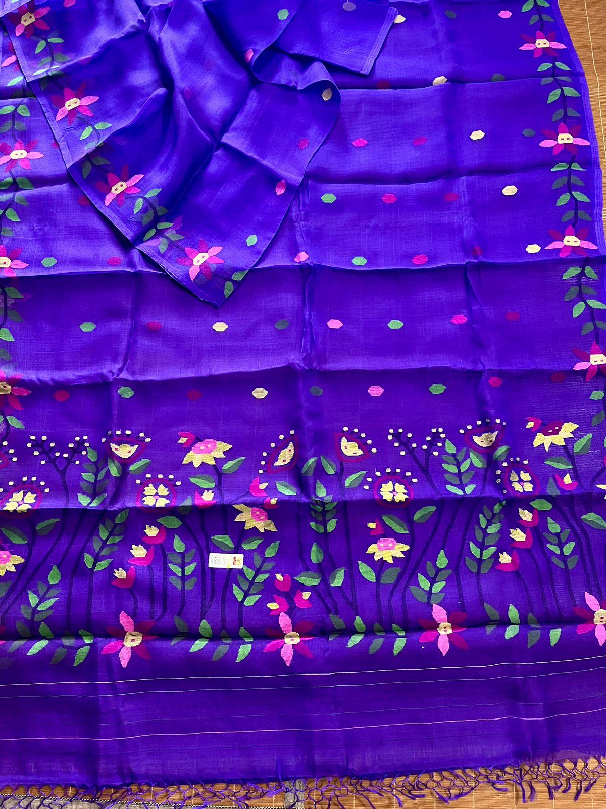 Basant Bahaar Neelashri muslin silk handwoven jamdani saree - Tamal Boutique