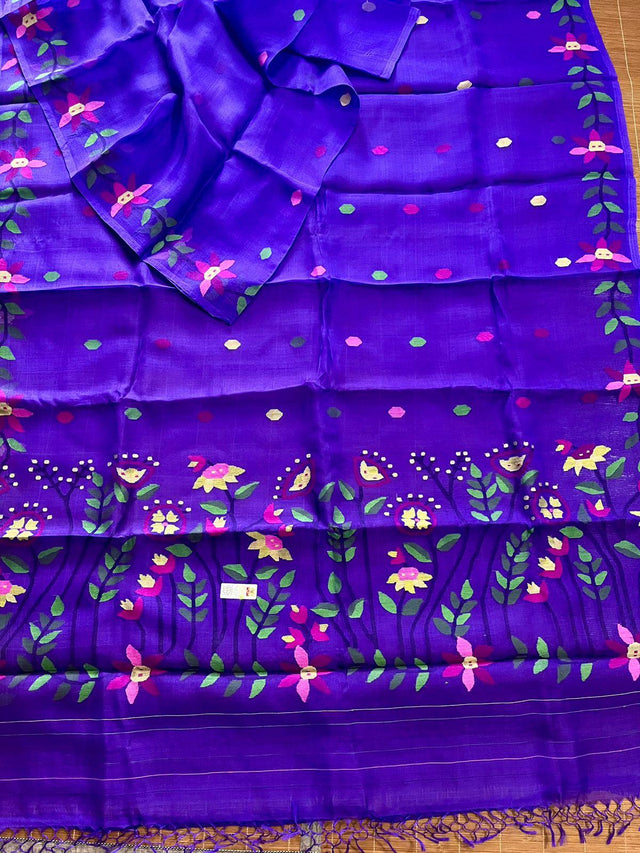 Basant Bahaar Neelashri muslin silk handwoven jamdani saree - Tamal Boutique