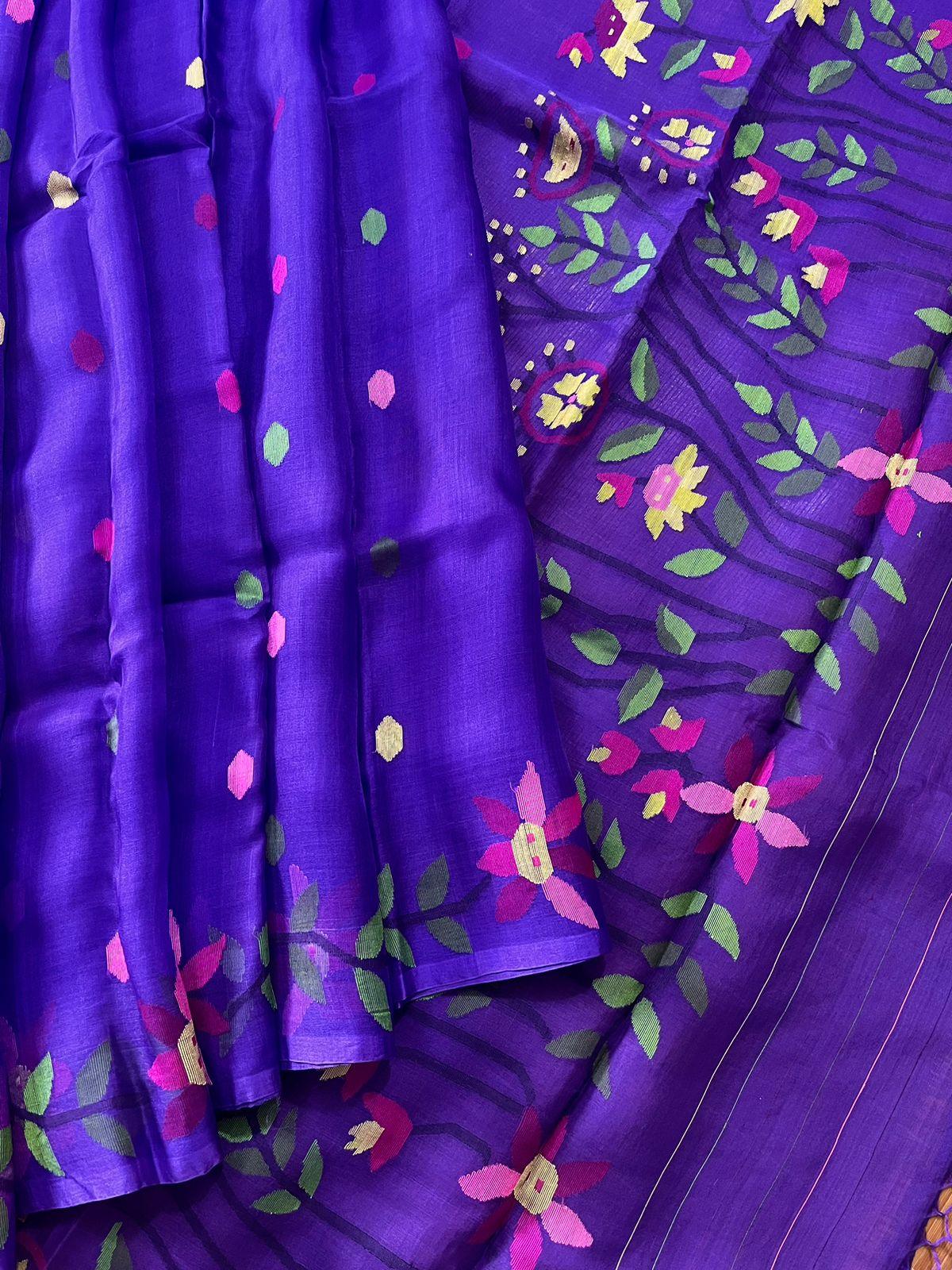 Basant Bahaar Neelashri muslin silk handwoven jamdani saree - Tamal Boutique
