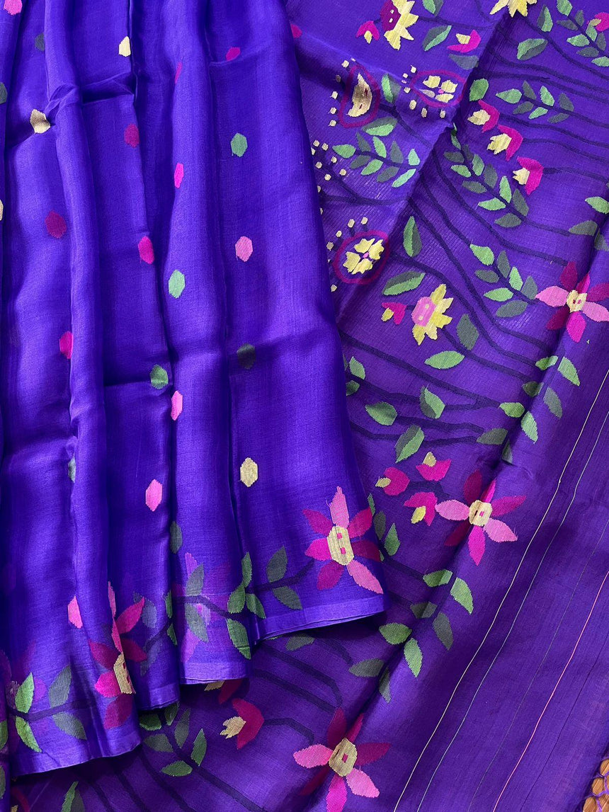 Basant Bahaar Neelashri muslin silk handwoven jamdani saree - Tamal Boutique