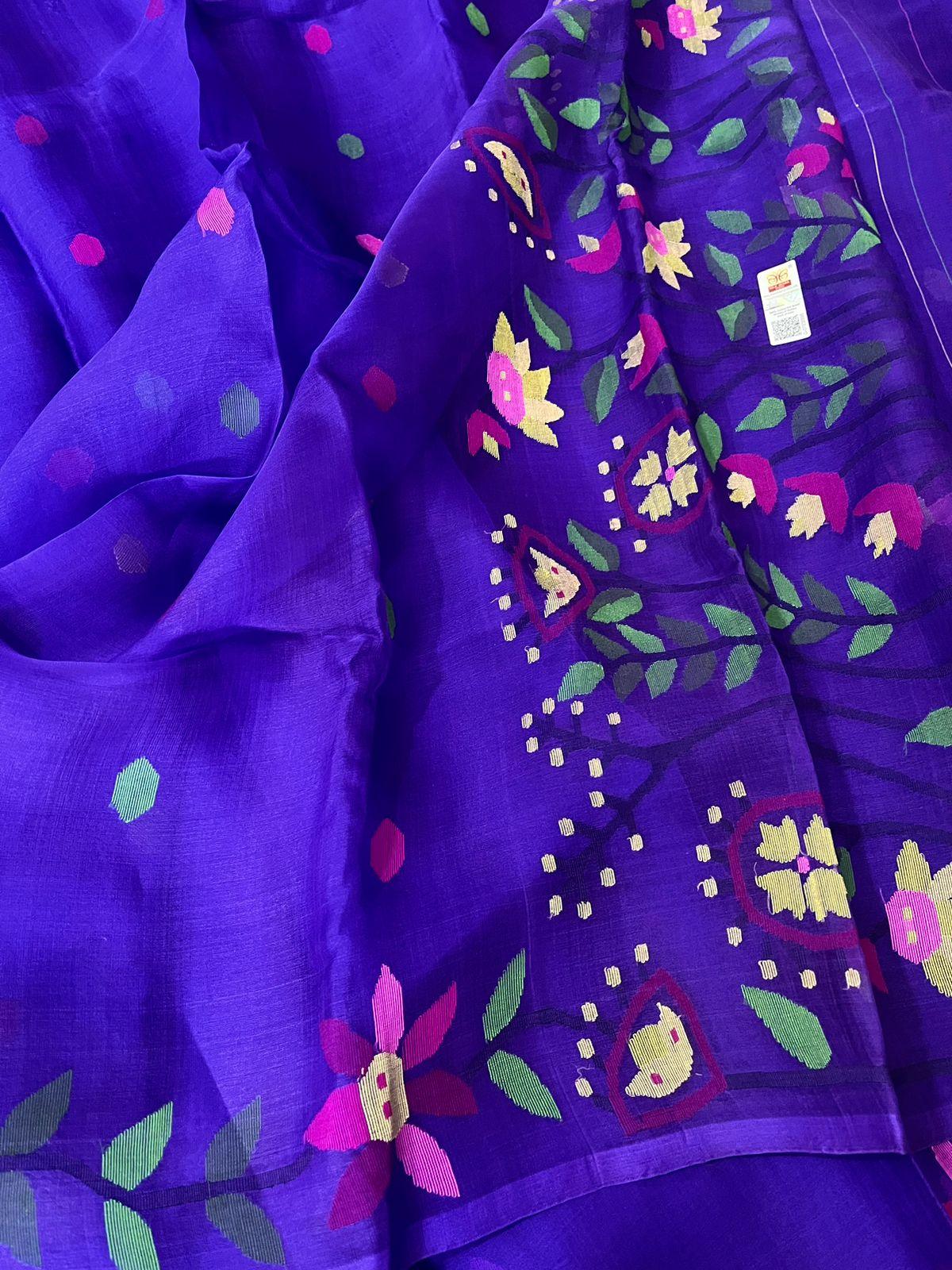 Basant Bahaar Neelashri muslin silk handwoven jamdani saree - Tamal Boutique