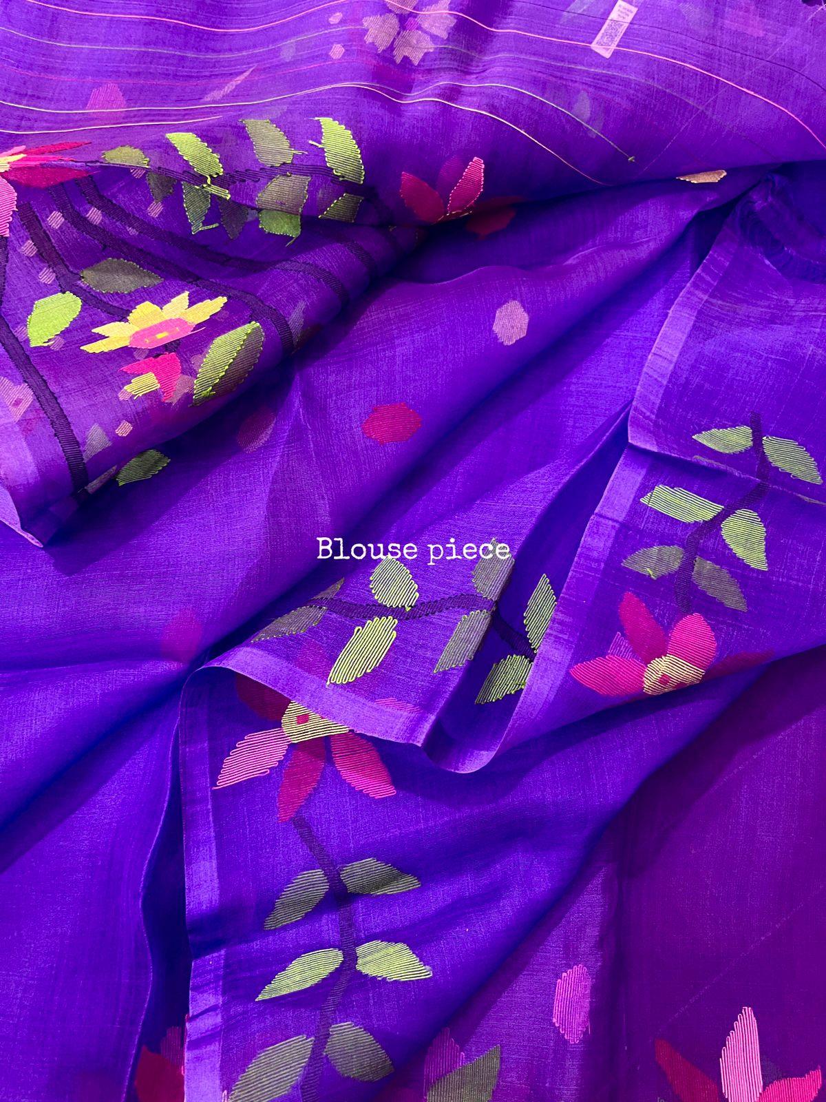 Basant Bahaar Neelashri muslin silk handwoven jamdani saree - Tamal Boutique