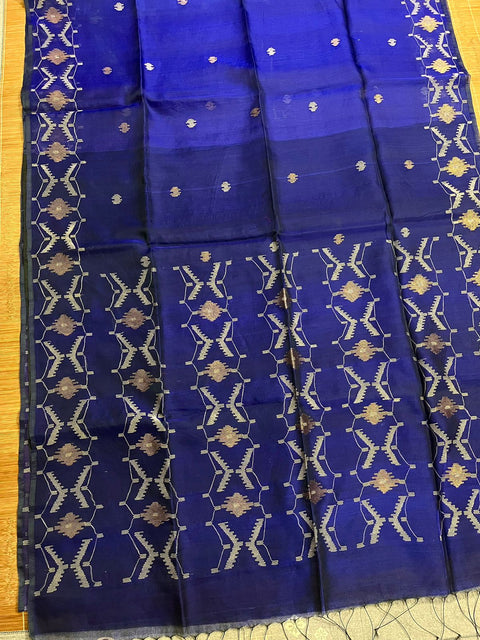 Blue with golden border Organza silk handwoven jamdani saree