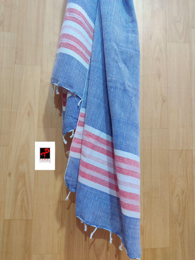 Blue with red hand crafted cotton towel ( single ) - Tamal Boutique