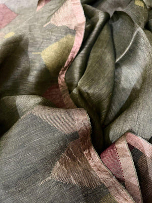 Bottle Green Half Silk Half Linen Handwoven Jamdani Saree - Tamal Boutique