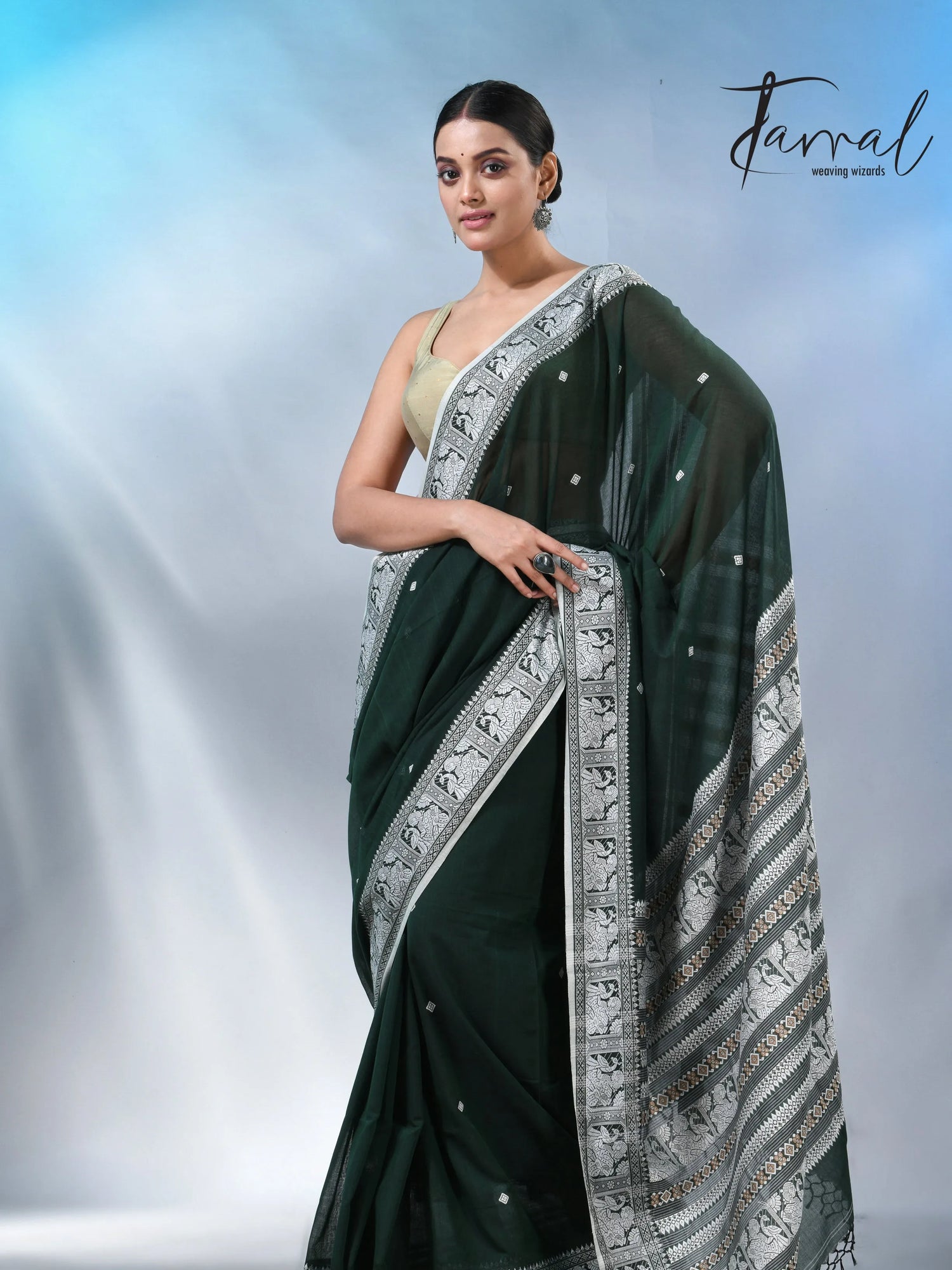 Bottle Green colour baluchuri cotton handwoven jamdani saree