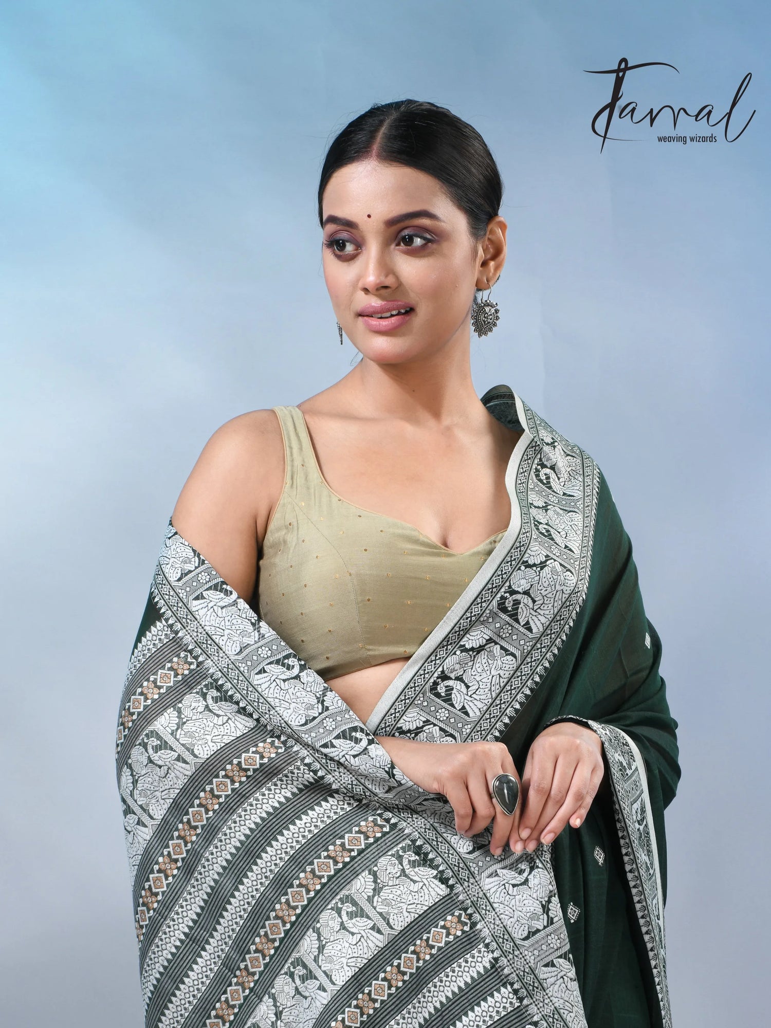 Bottle Green colour baluchuri cotton handwoven jamdani saree