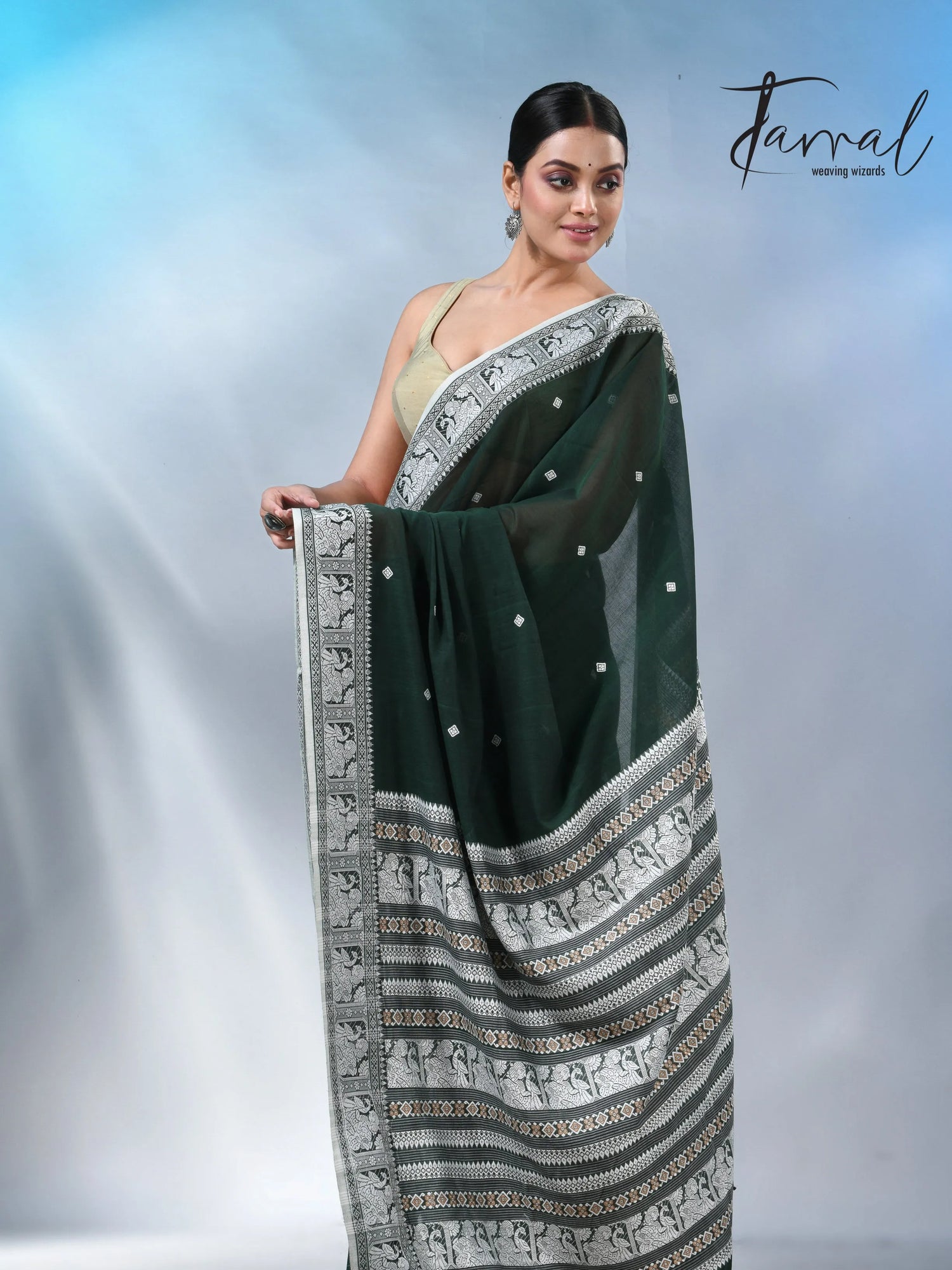 Bottle Green colour baluchuri cotton handwoven jamdani saree