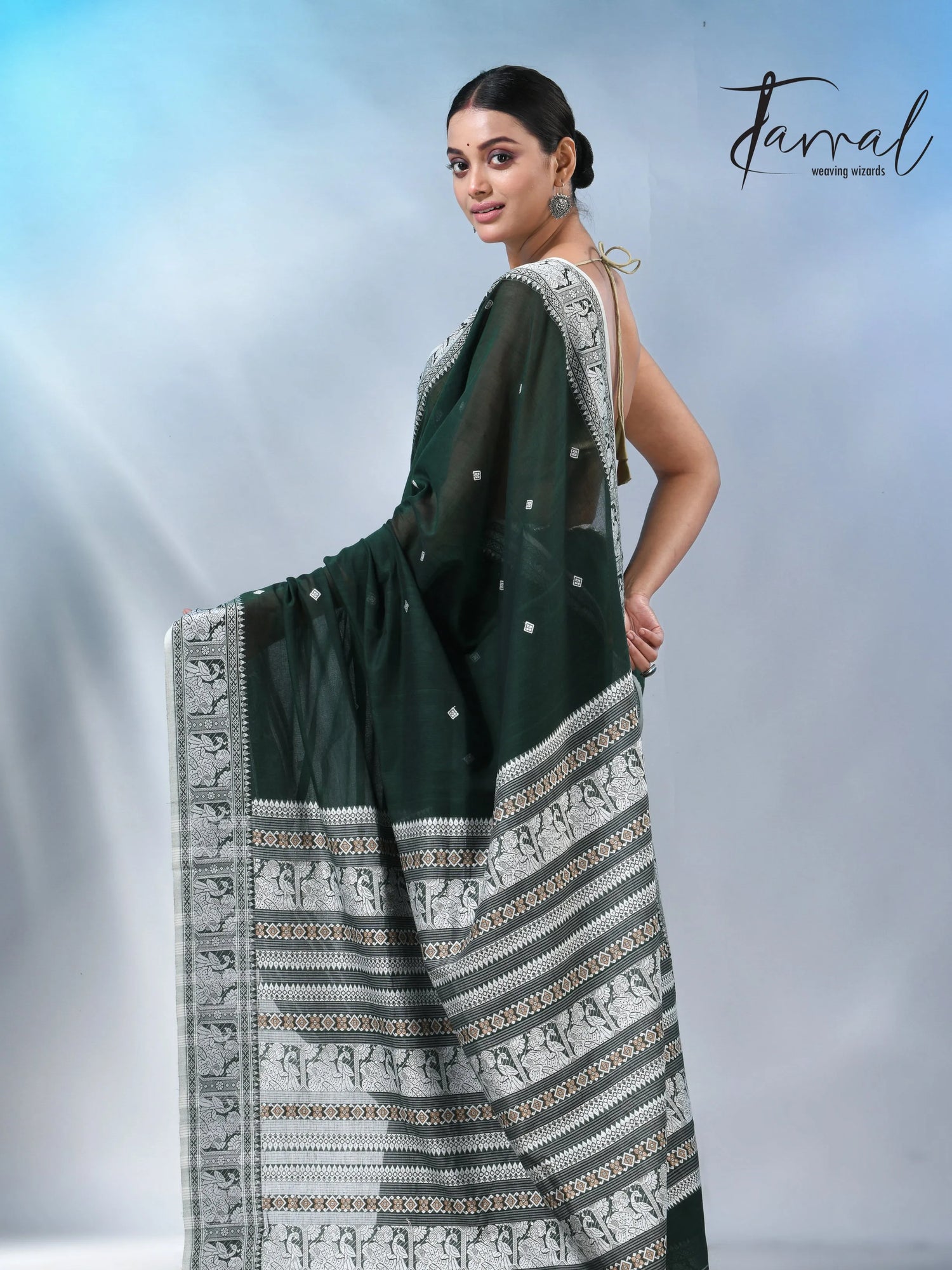 Bottle Green colour baluchuri cotton handwoven jamdani saree