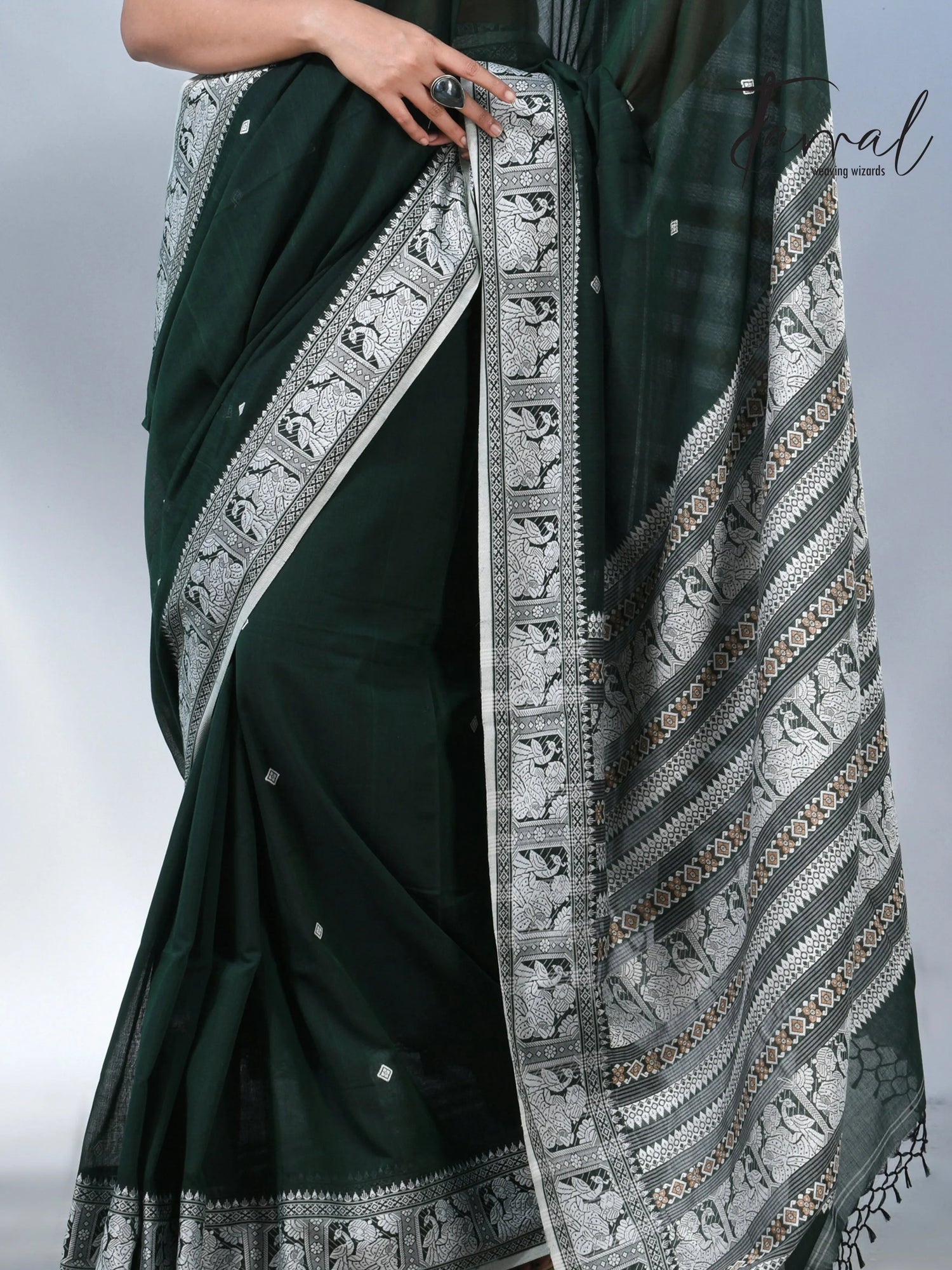 Bottle Green colour baluchuri cotton handwoven jamdani saree